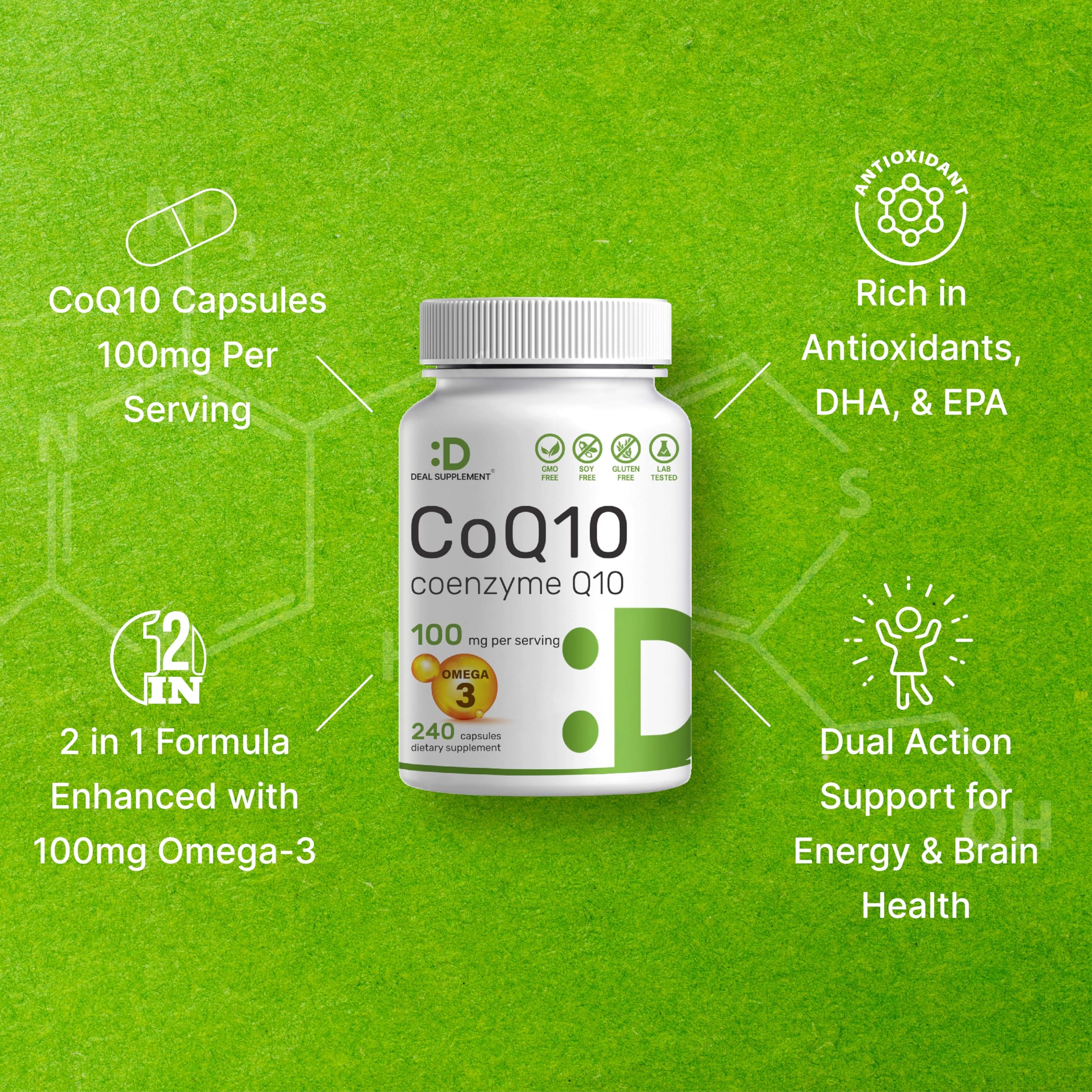 CoQ10 100mg, 240 Capsules – with Omega 3 Fatty Acid 100mg – Bioavailable Coenzyme DEAL SUPPLEMENT