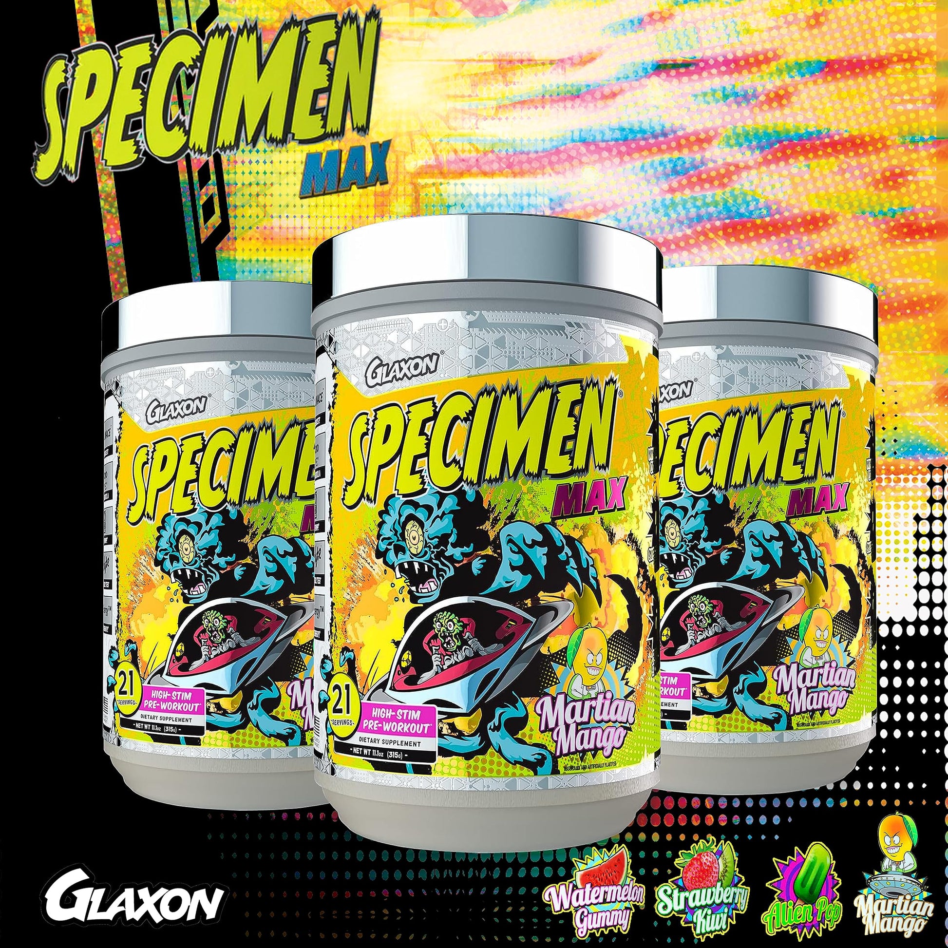 Glaxon Specimen Max High Stim Pre-Workout | 400mg Caffeine + 3200mg Beta Alanine for Maximum Energy, Pump & Focus | 21 Servings (Martian Mango)